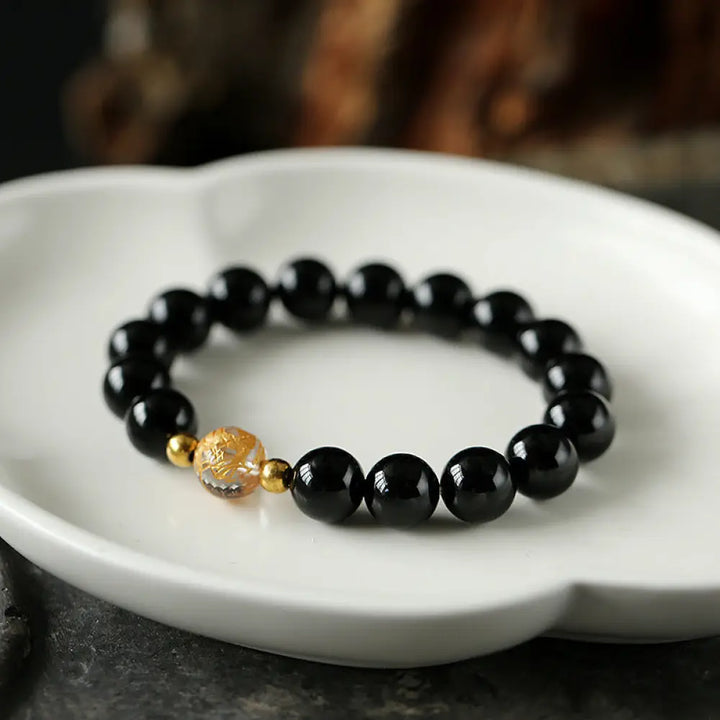 Buddha Stones Natural Black Obsidian White Crystal Black Onyx Dragon Strength Bracelet - BWOOOH - Black Onyx(Wrist