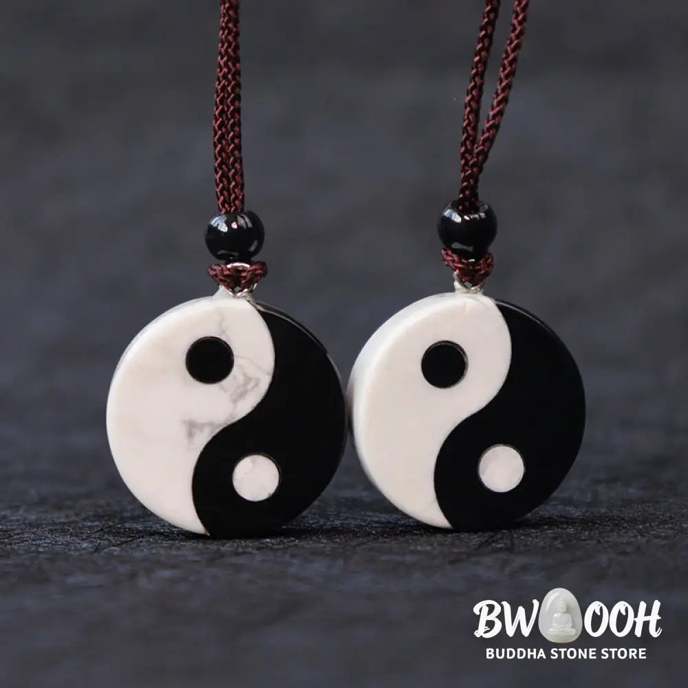 Buddha Stones Natural Black Obsidian White Turquoise Yin Yang Fulfilment Strength Necklace Pendant - BWOOOH - Black