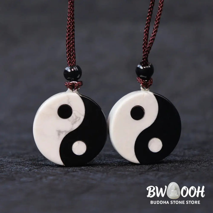 Buddha Stones Natural Black Obsidian White Turquoise Yin Yang Fulfilment Strength Necklace Pendant - BWOOOH - Black