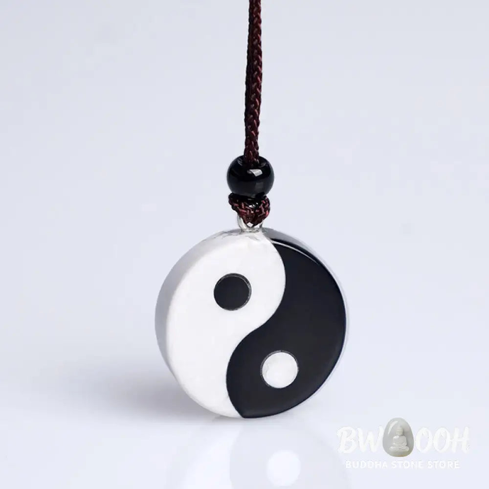 Buddha Stones Natural Black Obsidian White Turquoise Yin Yang Fulfilment Strength Necklace Pendant - BWOOOH - Black