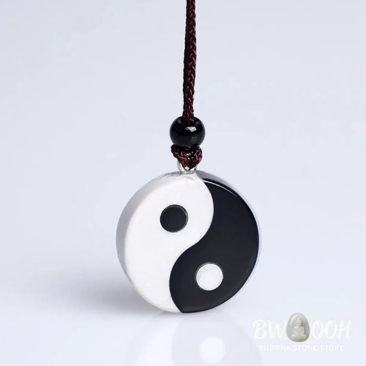 Buddha Stones Natural Black Obsidian White Turquoise Yin Yang Fulfilment Strength Necklace Pendant - BWOOOH - Black