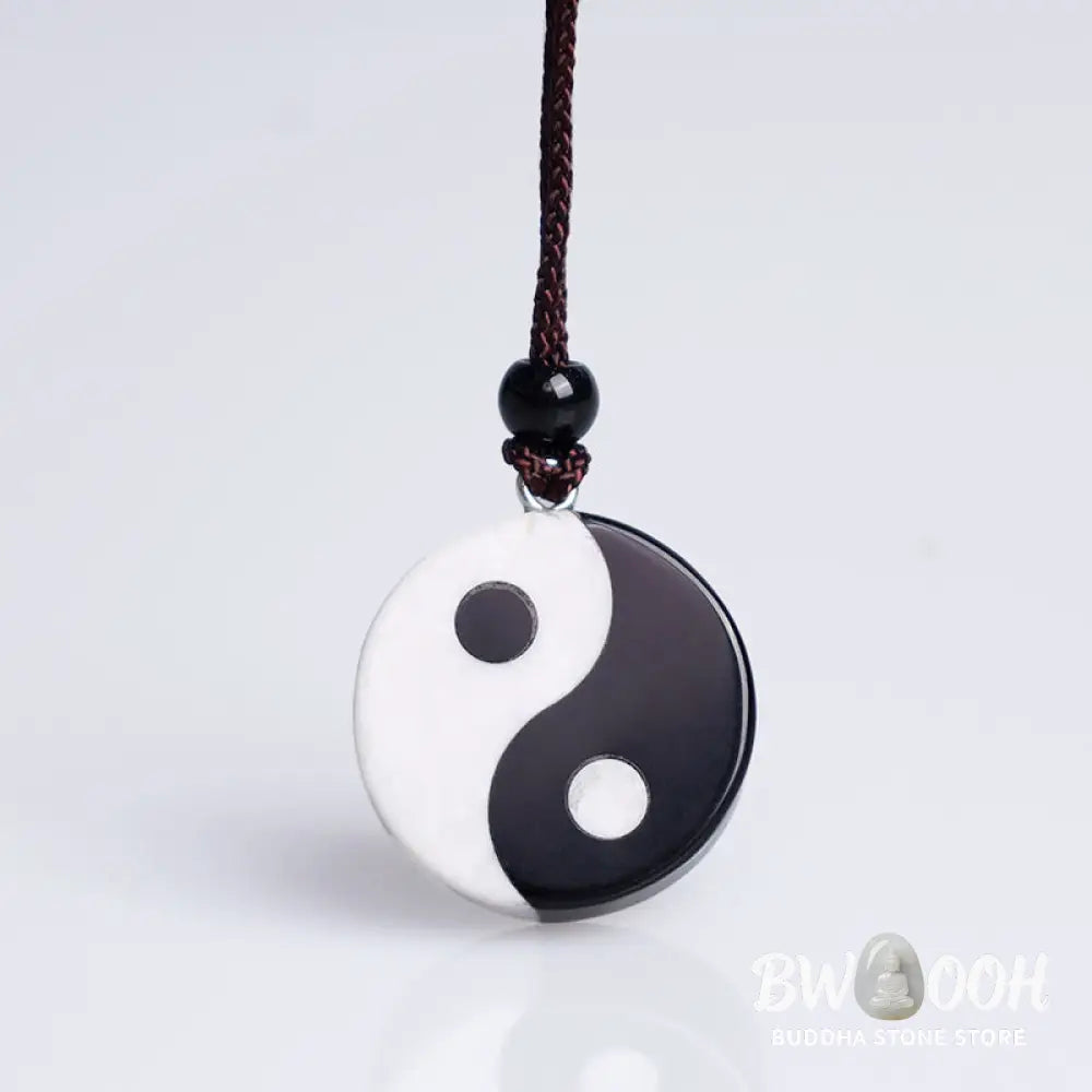 Buddha Stones Natural Black Obsidian White Turquoise Yin Yang Fulfilment Strength Necklace Pendant - BWOOOH - Black