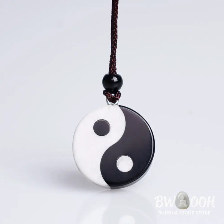 Buddha Stones Natural Black Obsidian White Turquoise Yin Yang Fulfilment Strength Necklace Pendant - BWOOOH - Black