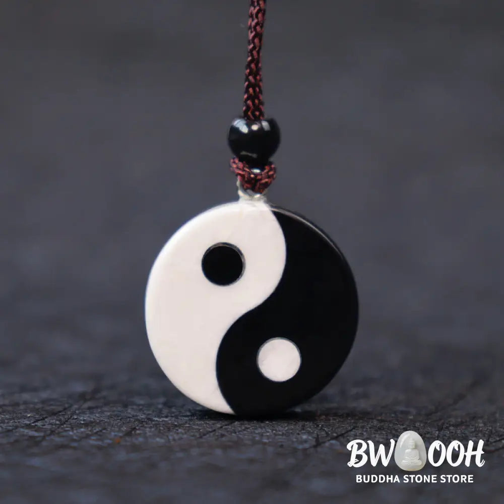 Buddha Stones Natural Black Obsidian White Turquoise Yin Yang Fulfilment Strength Necklace Pendant - BWOOOH - Black