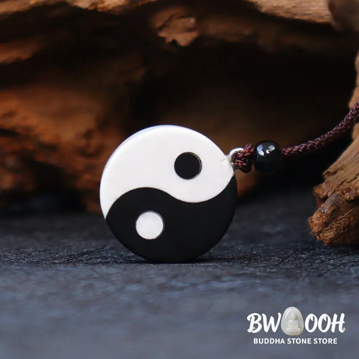 Buddha Stones Natural Black Obsidian White Turquoise Yin Yang Fulfilment Strength Necklace Pendant - BWOOOH - Black