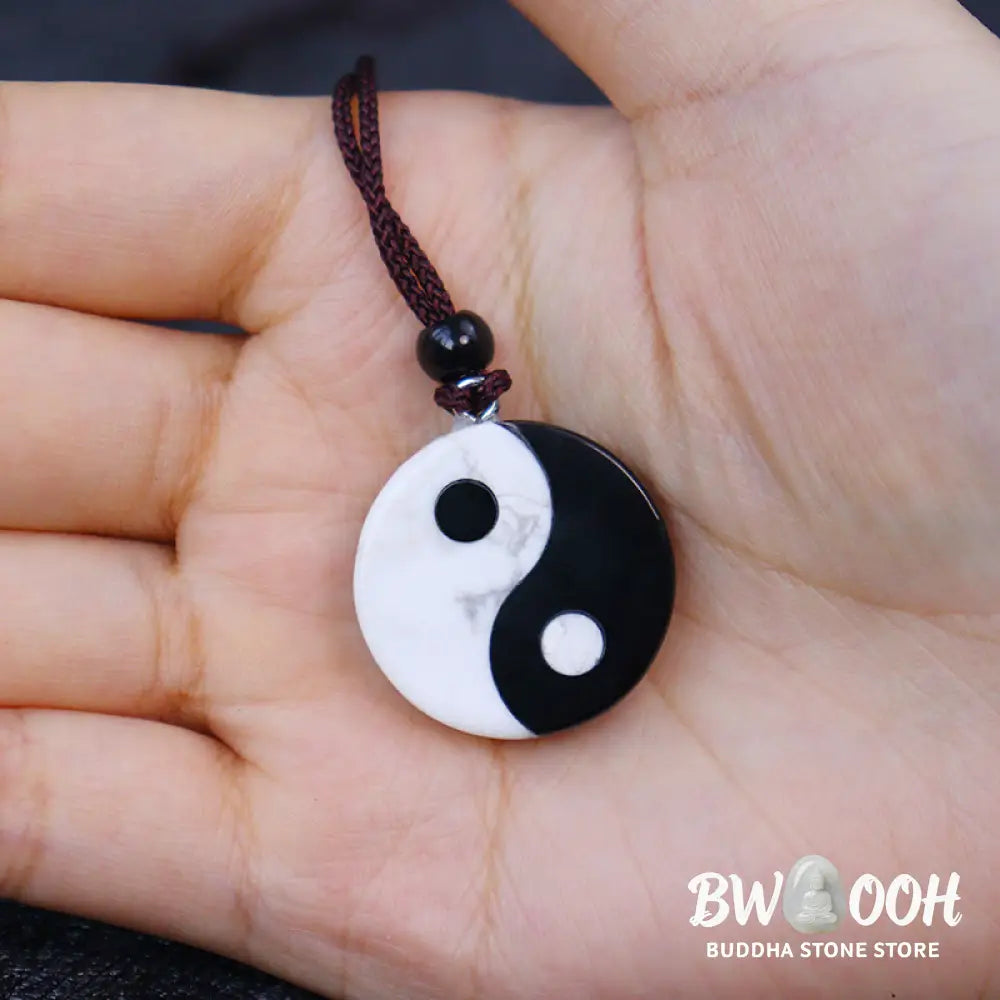 Buddha Stones Natural Black Obsidian White Turquoise Yin Yang Fulfilment Strength Necklace Pendant - BWOOOH - Black