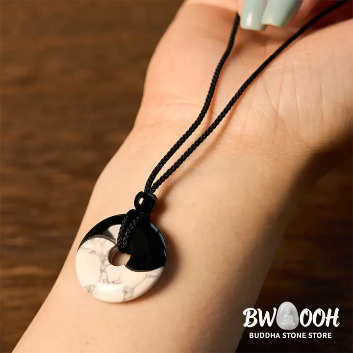 Buddha Stones Natural Black Obsidian White Turquoise Yin Yang Peace Buckle Design Braided String Strength Necklace