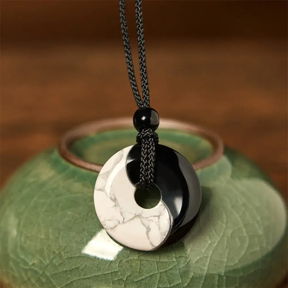 Buddha Stones Natural Black Obsidian White Turquoise Yin Yang Peace Buckle Design Braided String Strength Necklace