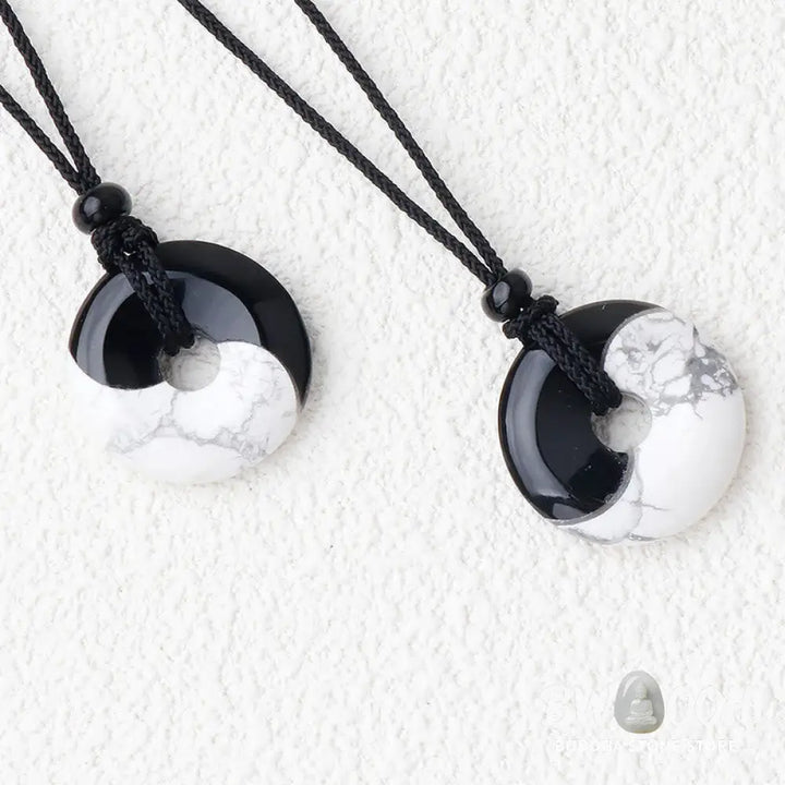 Buddha Stones Natural Black Obsidian White Turquoise Yin Yang Peace Buckle Design Braided String Strength Necklace