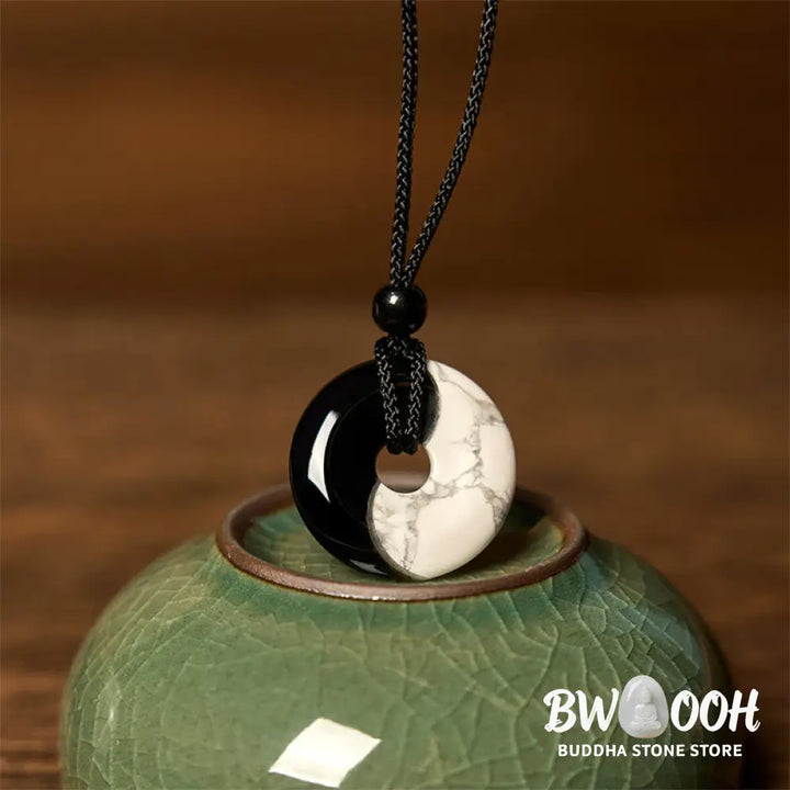 Buddha Stones Natural Black Obsidian White Turquoise Yin Yang Peace Buckle Design Braided String Strength Necklace