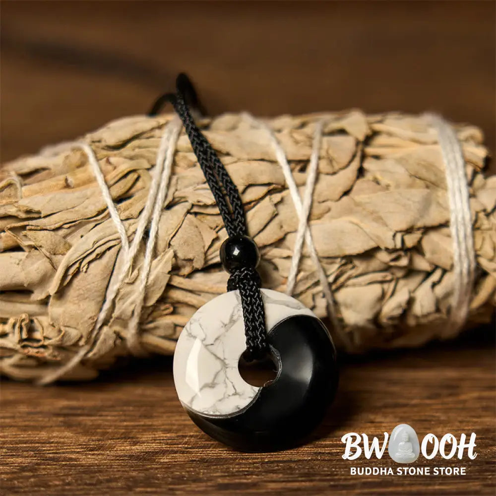 Buddha Stones Natural Black Obsidian White Turquoise Yin Yang Peace Buckle Design Braided String Strength Necklace