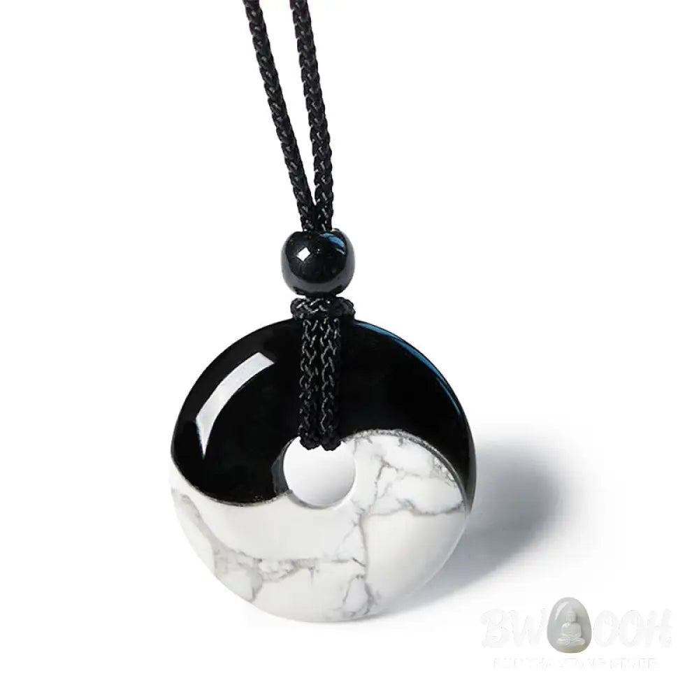 Buddha Stones Natural Black Obsidian White Turquoise Yin Yang Peace Buckle Design Braided String Strength Necklace