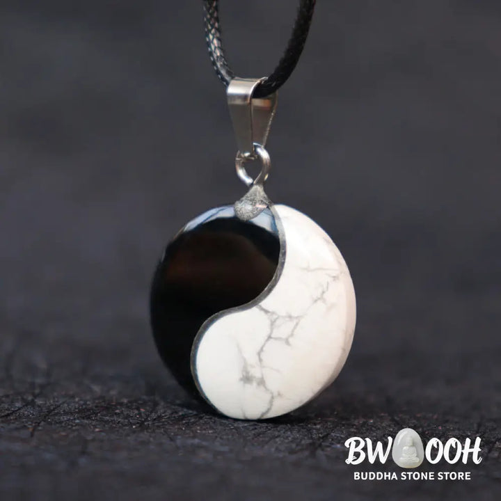 Buddha Stones Natural Black Obsidian White Turquoise Yin Yang Transformation Rope Necklace Pendant - BWOOOH - Black