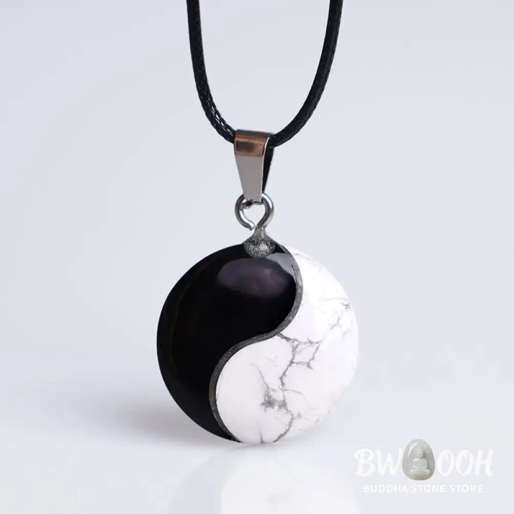 Buddha Stones Natural Black Obsidian White Turquoise Yin Yang Transformation Rope Necklace Pendant - BWOOOH - Black