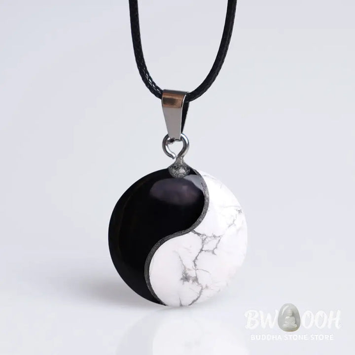 Buddha Stones Natural Black Obsidian White Turquoise Yin Yang Transformation Rope Necklace Pendant - BWOOOH - Black