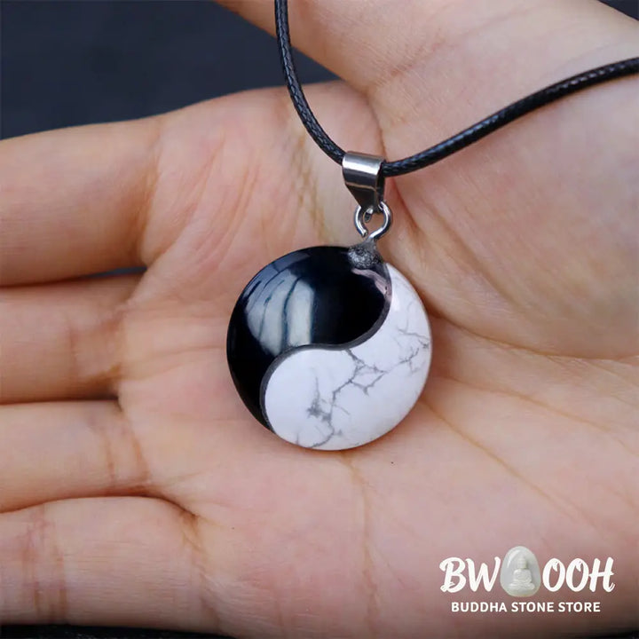 Buddha Stones Natural Black Obsidian White Turquoise Yin Yang Transformation Rope Necklace Pendant - BWOOOH - Black