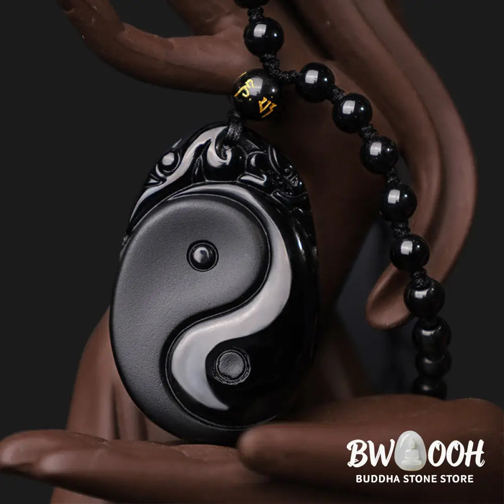 BWOOOH Natural Black Obsidian Yin Yang Fulfilment Strength Necklace Pendant. Grounding protection crystal for positive Feng Shui energy and spiritual balance. Hand-carved. - View 5