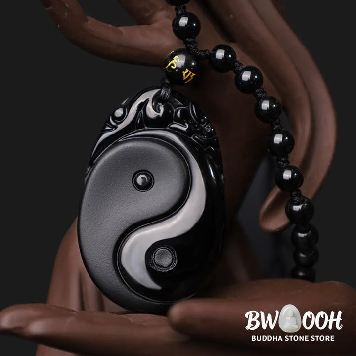 BWOOOH Natural Black Obsidian Yin Yang Fulfilment Strength Necklace Pendant. Grounding protection crystal for positive Feng Shui energy and spiritual balance. Hand-carved. - View 5