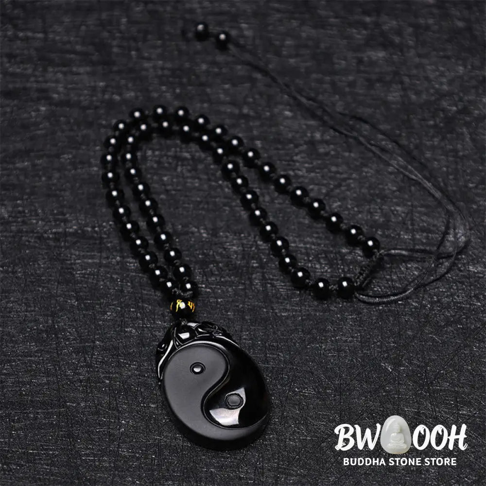 BWOOOH Natural Black Obsidian Yin Yang Fulfilment Strength Necklace Pendant. Grounding protection crystal for positive Feng Shui energy and spiritual balance. Hand-carved. - View 7