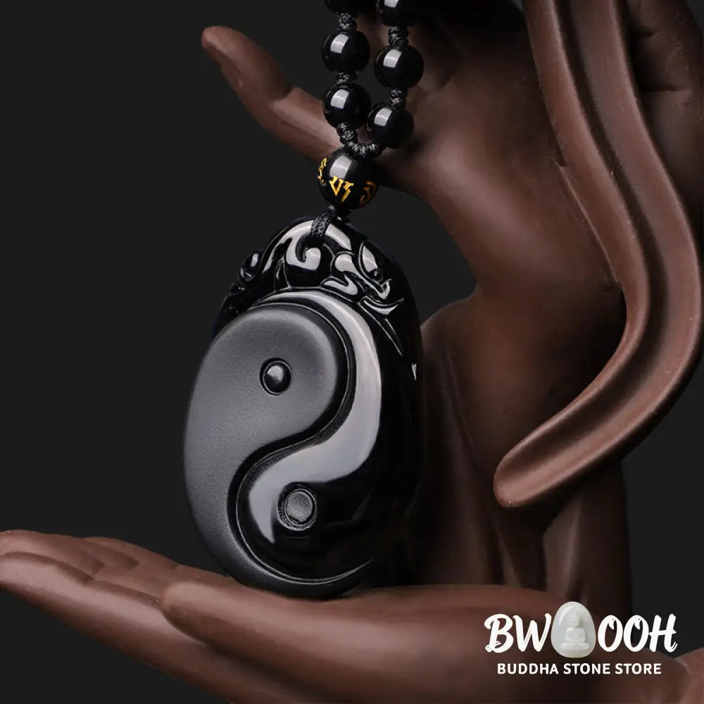 BWOOOH Natural Black Obsidian Yin Yang Fulfilment Strength Necklace Pendant. Grounding protection crystal for positive Feng Shui energy and spiritual balance. Hand-carved. - View 4