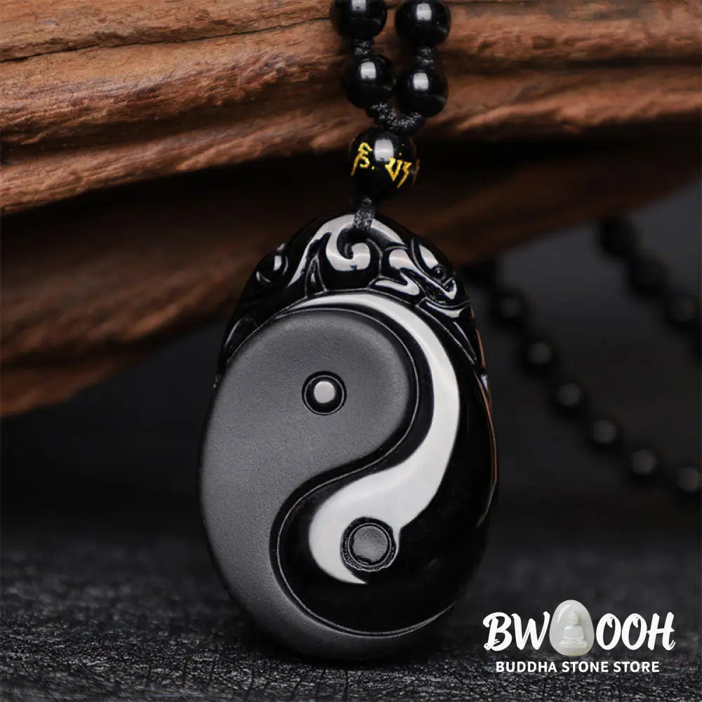 BWOOOH Natural Black Obsidian Yin Yang Fulfilment Strength Necklace Pendant. Grounding protection crystal for positive Feng Shui energy and spiritual balance. Hand-carved. - View 2