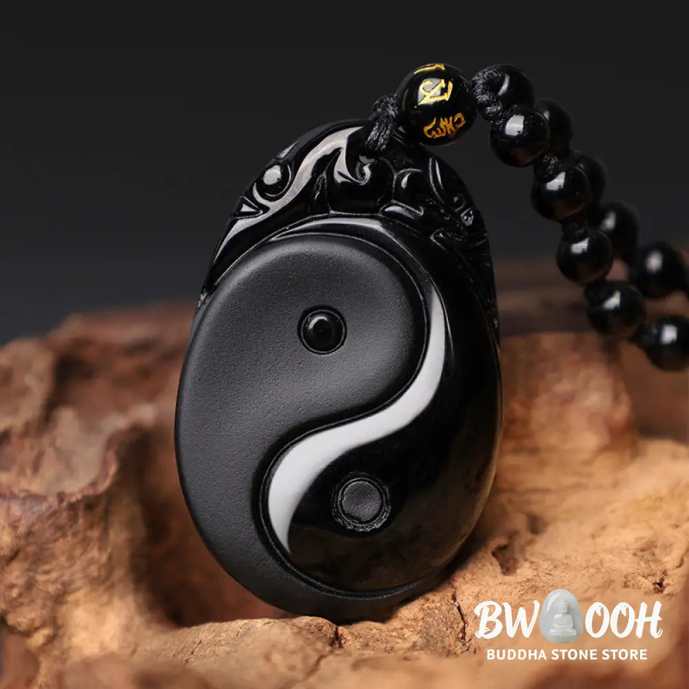 BWOOOH Natural Black Obsidian Yin Yang Fulfilment Strength Necklace Pendant. Grounding protection crystal for positive Feng Shui energy and spiritual balance. Hand-carved. - View 3