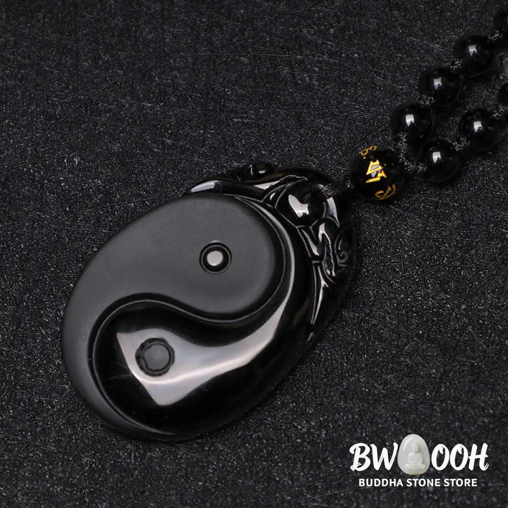 BWOOOH Natural Black Obsidian Yin Yang Fulfilment Strength Necklace Pendant. Grounding protection crystal for positive Feng Shui energy and spiritual balance. Hand-carved. - View 6