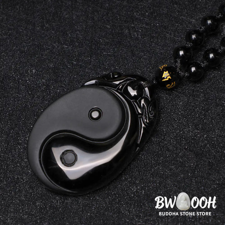 BWOOOH Natural Black Obsidian Yin Yang Fulfilment Strength Necklace Pendant. Grounding protection crystal for positive Feng Shui energy and spiritual balance. Hand-carved. - View 6