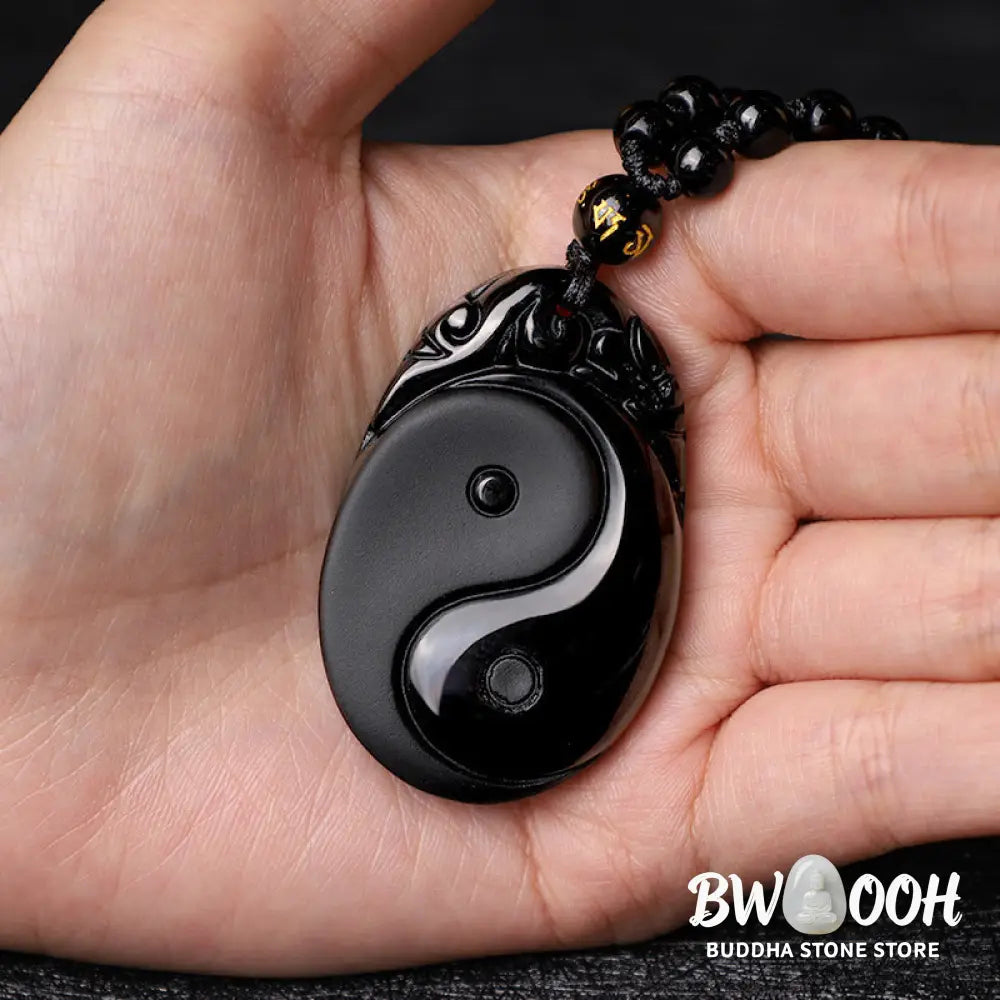 BWOOOH Natural Black Obsidian Yin Yang Fulfilment Strength Necklace Pendant. Grounding protection crystal for positive Feng Shui energy and spiritual balance. Hand-carved. - View 8