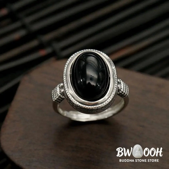 Buddha Stones Natural Black Onyx Adjustable Protection Ring - Black Onyx(Protection♥Fortune)(Inner Diameter 18mm) - Ring