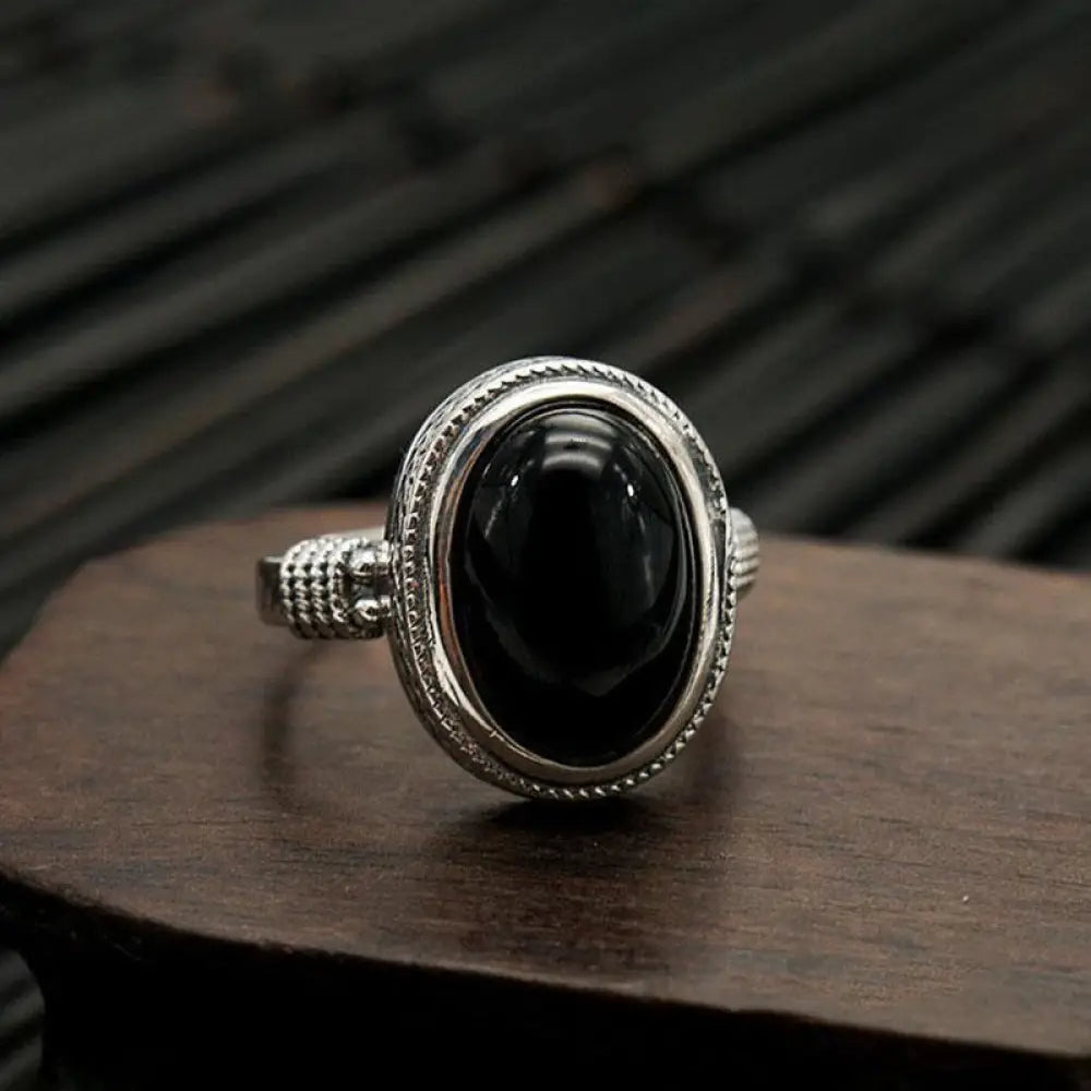 BWOOOH Natural Black Onyx Adjustable Protection Ring — Black Onyx crystal healing bracelet for spiritual healing and mindf...