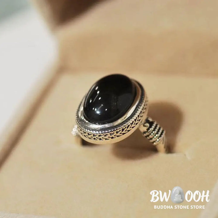 Buddha Stones Natural Black Onyx Adjustable Protection Ring - Black Onyx(Protection♥Fortune)(Inner Diameter 18mm) - Ring