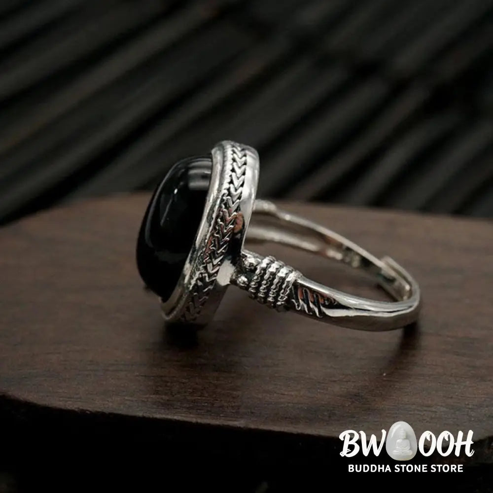 Buddha Stones Natural Black Onyx Adjustable Protection Ring - Black Onyx(Protection♥Fortune)(Inner Diameter 18mm) - Ring
