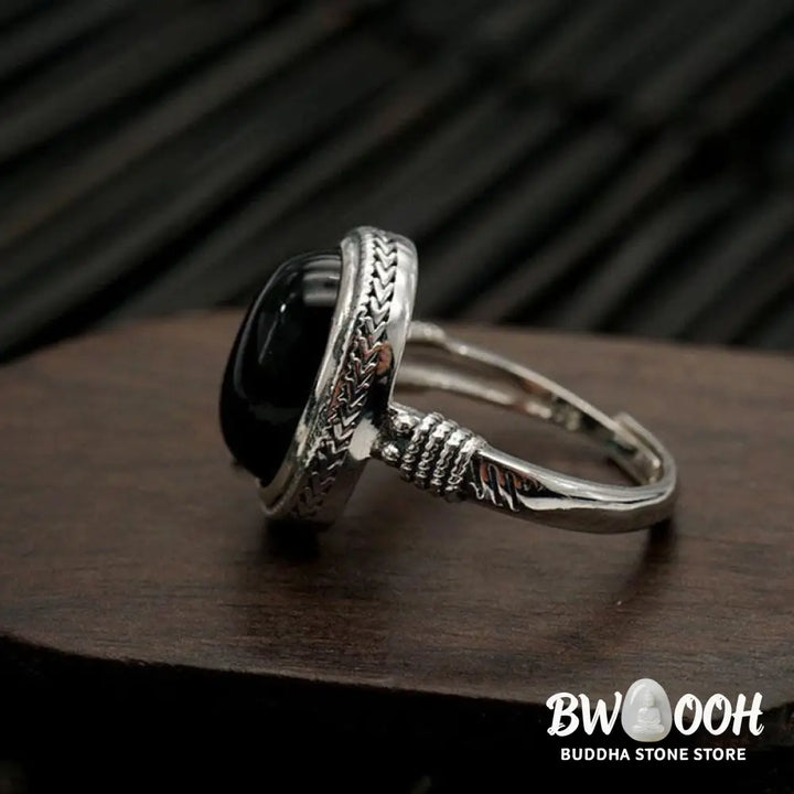 Buddha Stones Natural Black Onyx Adjustable Protection Ring - Black Onyx(Protection♥Fortune)(Inner Diameter 18mm) - Ring