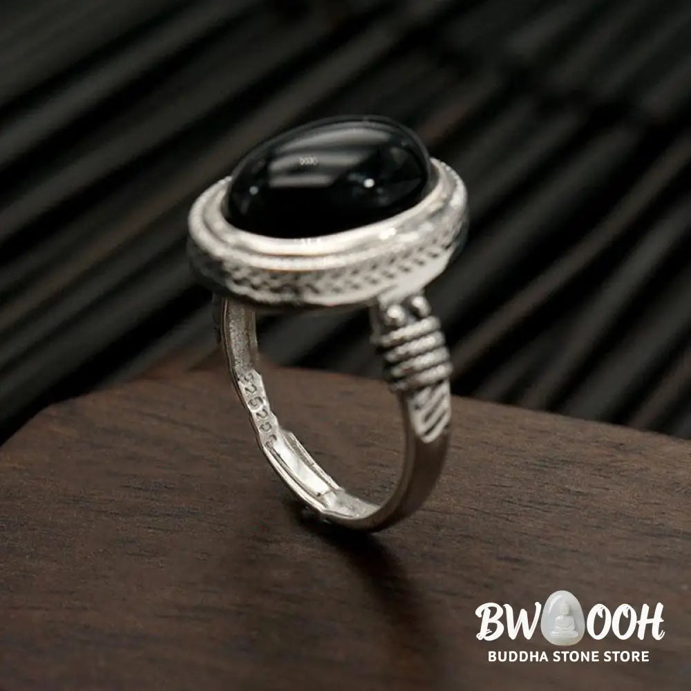 Buddha Stones Natural Black Onyx Adjustable Protection Ring - Black Onyx(Protection♥Fortune)(Inner Diameter 18mm) - Ring