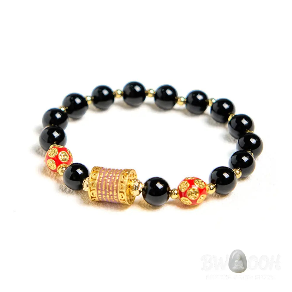 Buddha Stones Natural Black Onyx Five Scripture Copper Coins Fortune Bracelet - BWOOOH - Black Onyx(Wrist Circumference