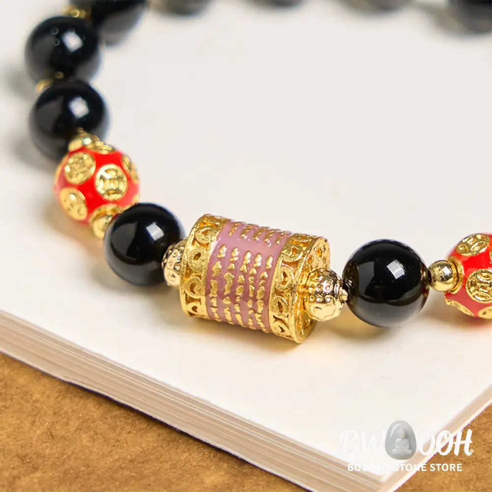 Buddha Stones Natural Black Onyx Five Scripture Copper Coins Fortune Bracelet - BWOOOH - Black Onyx(Wrist Circumference