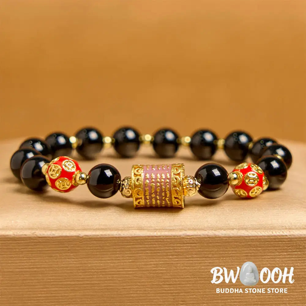 Buddha Stones Natural Black Onyx Five Scripture Copper Coins Fortune Bracelet - BWOOOH - Black Onyx(Wrist Circumference