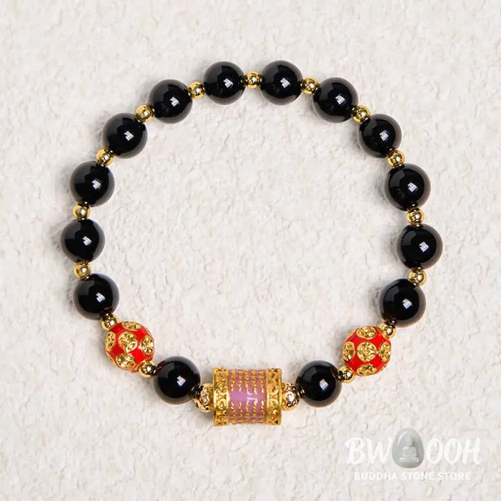 Buddha Stones Natural Black Onyx Five Scripture Copper Coins Fortune Bracelet - BWOOOH - Black Onyx(Wrist Circumference