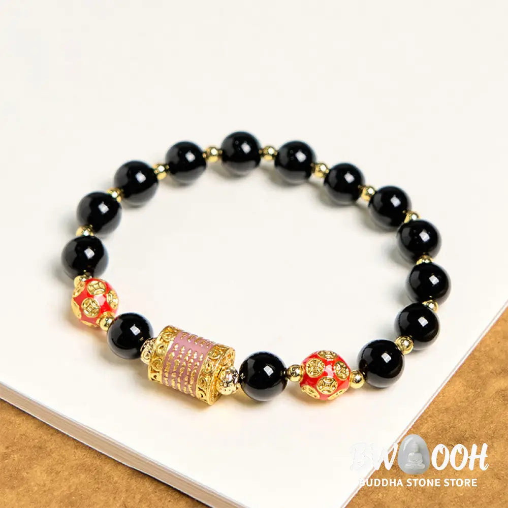 Buddha Stones Natural Black Onyx Five Scripture Copper Coins Fortune Bracelet - BWOOOH - Black Onyx(Wrist Circumference