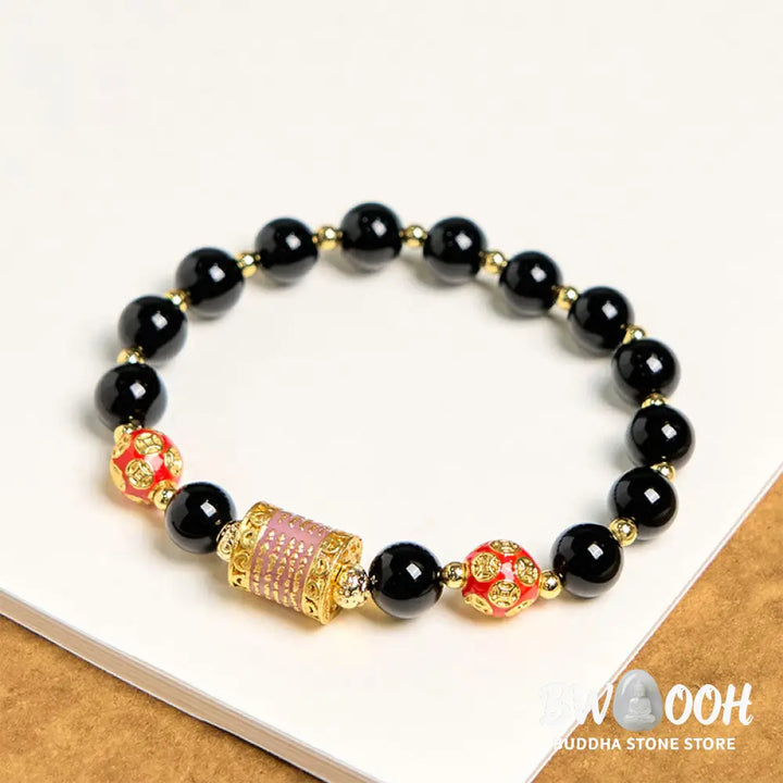 Buddha Stones Natural Black Onyx Five Scripture Copper Coins Fortune Bracelet - BWOOOH - Black Onyx(Wrist Circumference