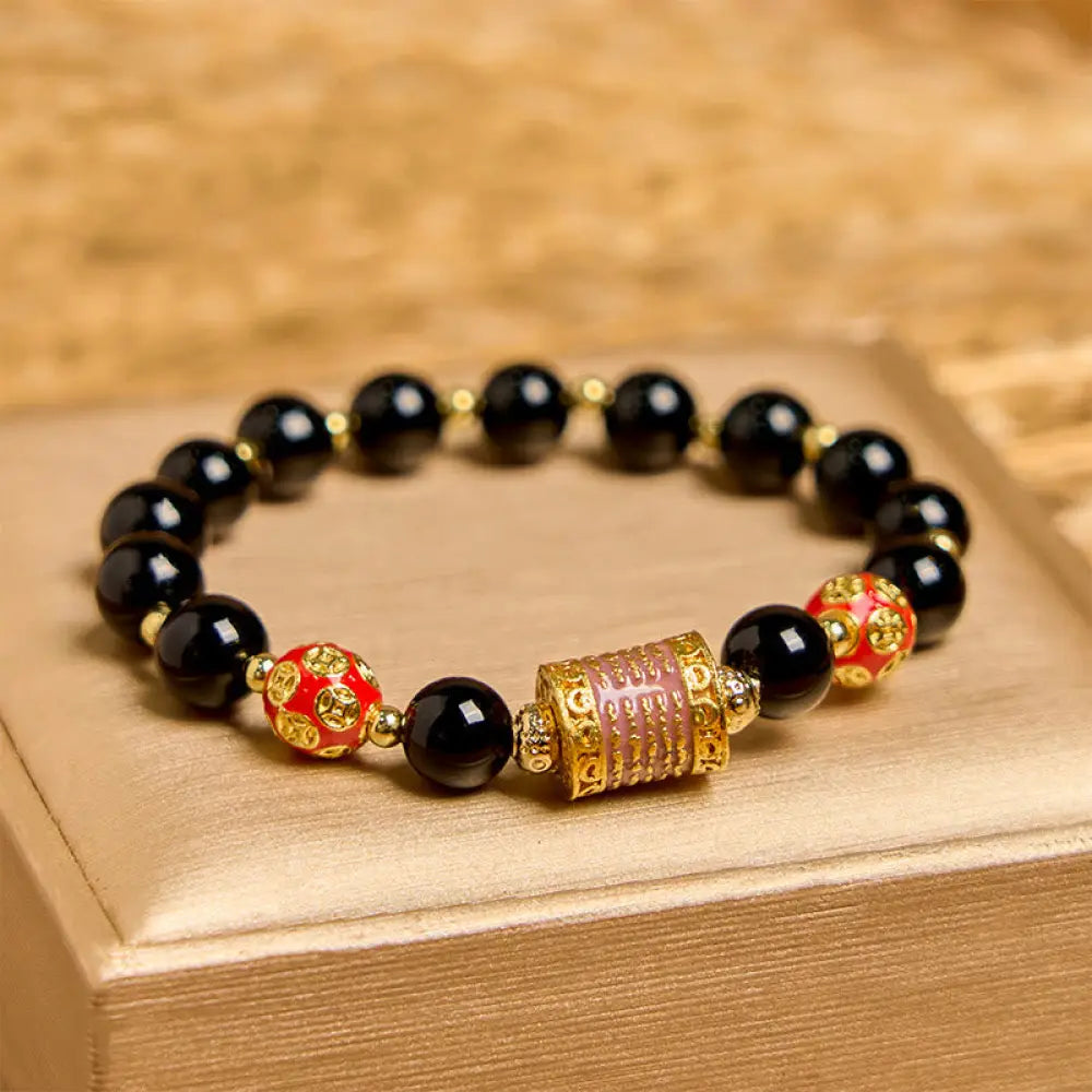 BWOOOH Natural Black Onyx Five Scripture Copper Coins Fortune Bracelet — Black Onyx spiritual jewelry for spiritual healin...