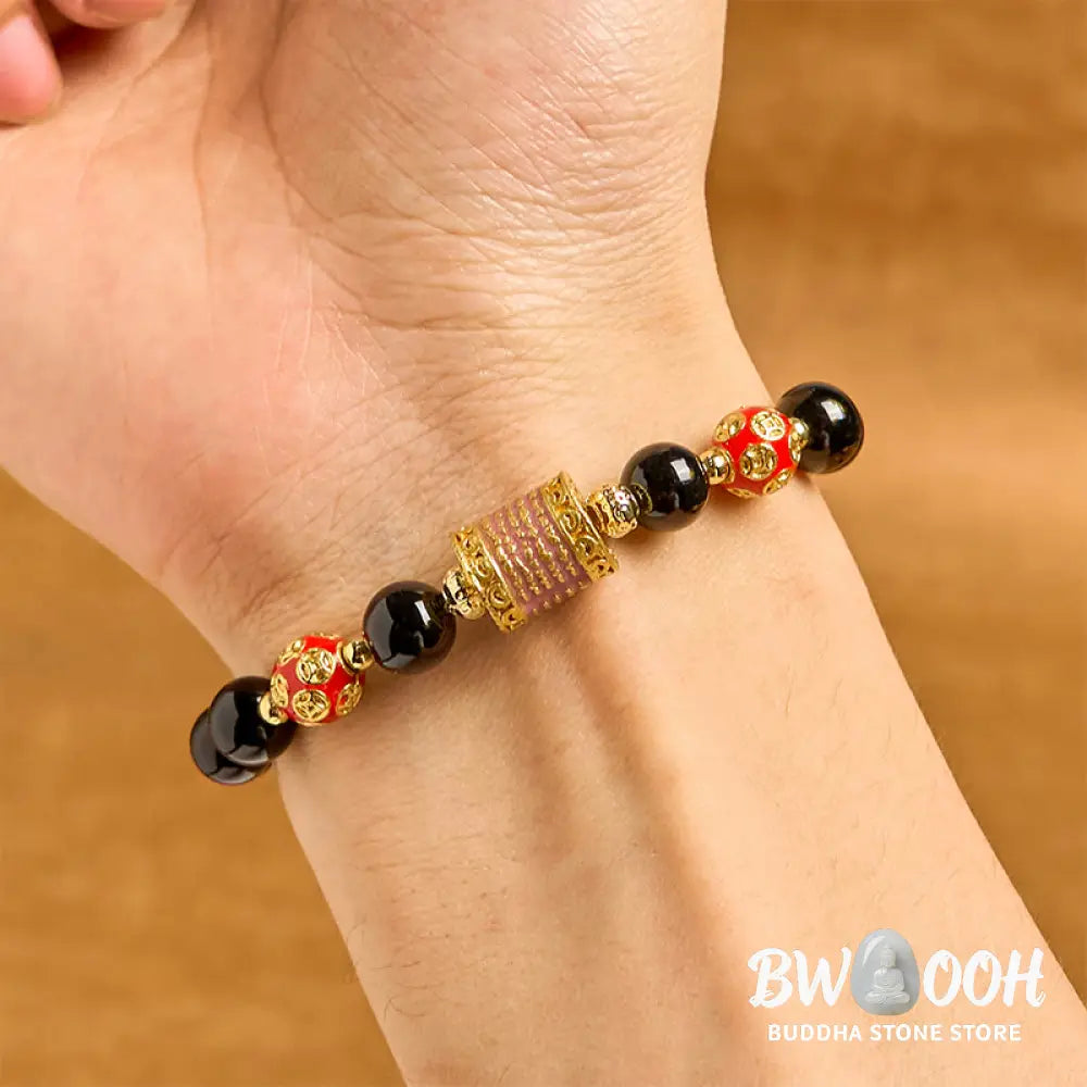 Buddha Stones Natural Black Onyx Five Scripture Copper Coins Fortune Bracelet - BWOOOH - Black Onyx(Wrist Circumference