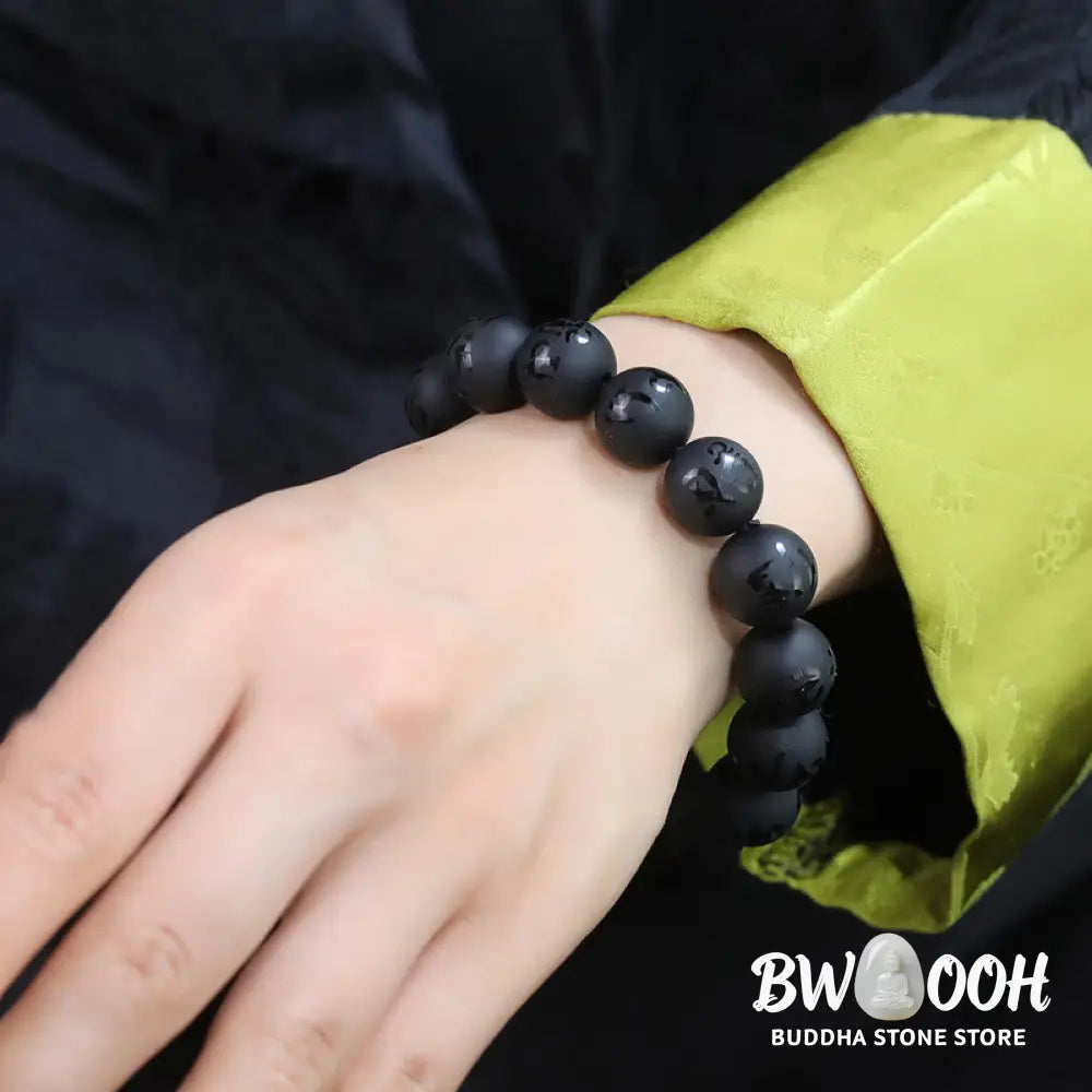 Buddha Stones Natural Black Onyx Om Mani Padme Hum Carved Protection Bracelet - BWOOOH - Bracelet