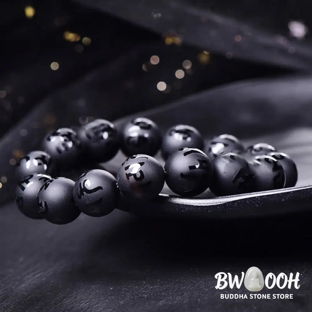 Buddha Stones Natural Black Onyx Om Mani Padme Hum Carved Protection Bracelet - BWOOOH - Bracelet