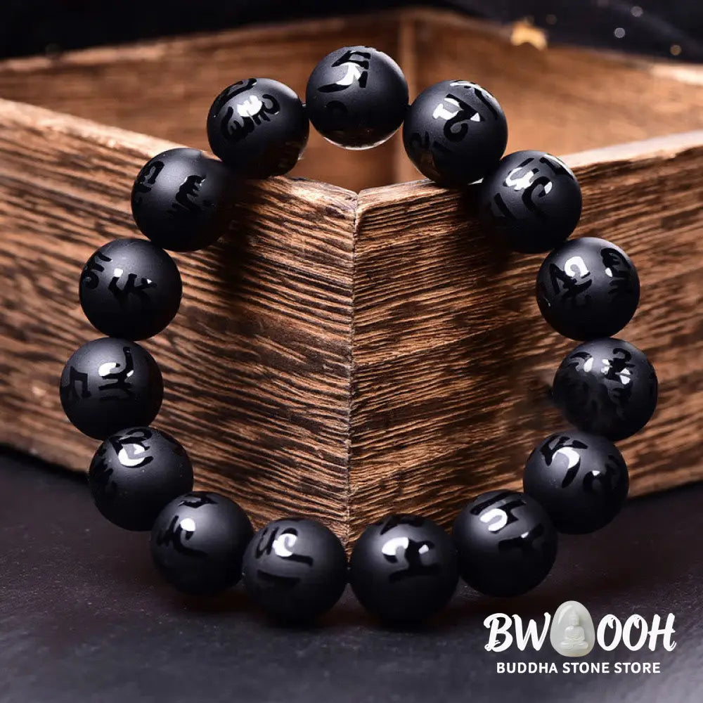 Buddha Stones Natural Black Onyx Om Mani Padme Hum Carved Protection Bracelet - BWOOOH - Bracelet