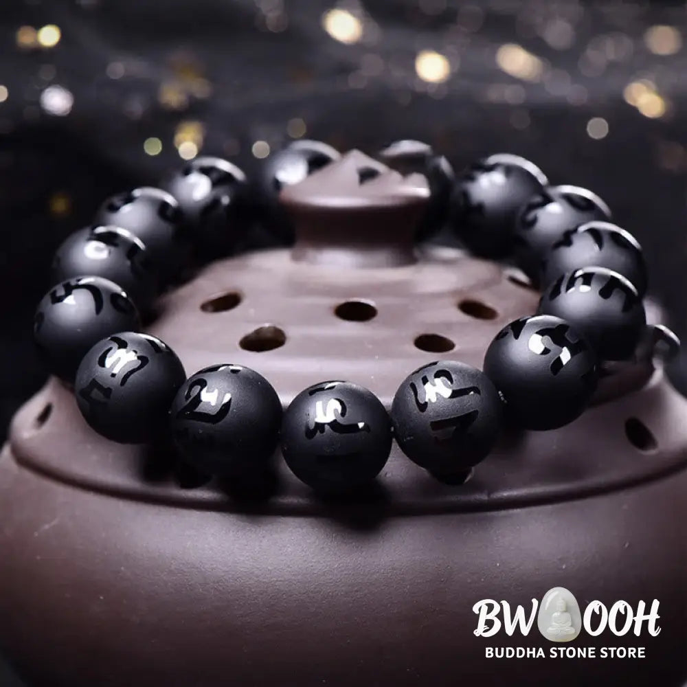 Buddha Stones Natural Black Onyx Om Mani Padme Hum Carved Protection Bracelet - BWOOOH - Bracelet