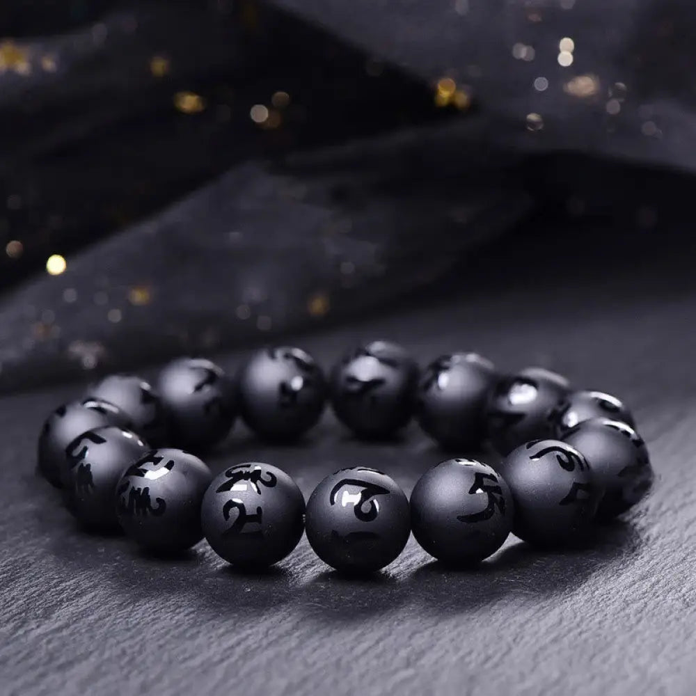 BWOOOH Natural Black Onyx Om Mani Padme Hum Carved Protection Bracelet - BWOOOH - 8mm(Wrist Circumference: