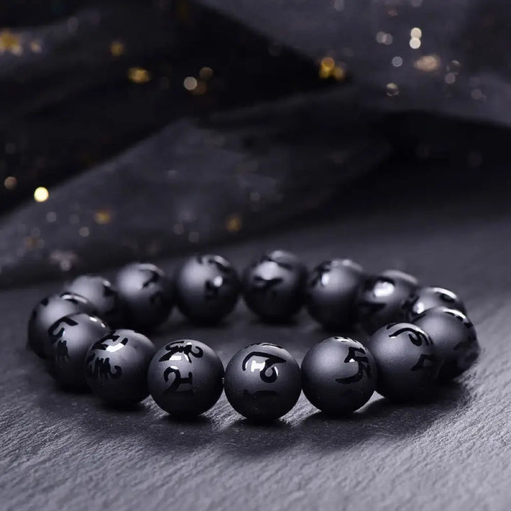 BWOOOH Natural Black Onyx Om Mani Padme Hum Carved Protection Bracelet - BWOOOH - 8mm(Wrist Circumference: