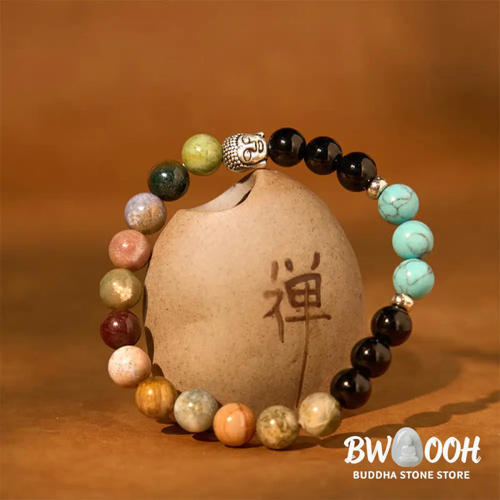Buddha Stones Natural Black Onyx White Stone Green Aventurine Tiger Eye Agate Mixed Color Buddha Head Protection